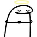 A white stick figure character with a simple black outline and a yellow halo above its head, looking down with a smug, close…