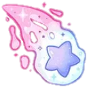 A stylized shooting star with a pink and blue trail and sparkling accents.