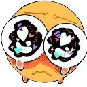 Emoji face with large, watery eyes filled with swirling cosmic patterns and hearts, showing an overwhelmed and emotional exp…