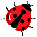 Ladybug with a bright red shell and black spots in a pixelated art style.
