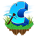 A 3D blue letter C holding a pickaxe stands on a small floating patch of grass.