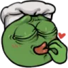 Green frog wearing a white chef hat making a chef's kiss gesture with a small red heart nearby.