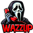 A masked figure in a black hood holds a red telephone with the word WAZZUP written in dripping red letters below.