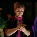 A man with glowing white eyes and a pink scarf looking directly ahead with a sinister expression.