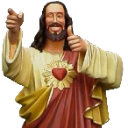 Jesus statue giving a thumbs up with one hand and pointing forward with the other.