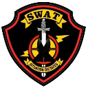 Shield emblem with a red border containing a sword over a yellow target symbol on a black background.