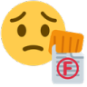 Sad yellow smiley face holding a white paper with a large red letter F printed on it.