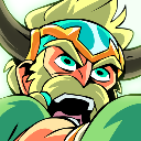 A blonde warrior with a green helmet and beard shouting with an intense, angry expression.