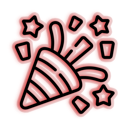 Party popper icon bursting with confetti and stars in a bold red and black line-art style.