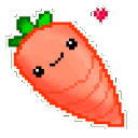 A cute pixel art carrot with a smiling face and a small red heart floating above it.