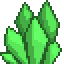 A cluster of sharp, bright green crystals rendered in a pixel art style against a black background.