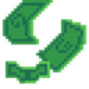Green pixelated bills flying through the air in a stack.