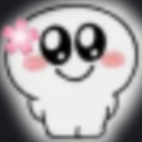 A small white round character with large eyes, a soft smile, and a pink flower on its head, blushing with joy.