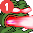 Pepe the Frog with glowing red eyes shooting a laser beam from his mouth with a notification badge.