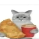 A gray cat holding a piece of fried food and a red cup.
