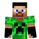 Steve from Minecraft wearing a green creeper shirt looking forward.