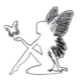 A white silhouette of a fairy sitting and reaching toward a butterfly against a black background.