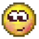 Yellow pixelated face with wide eyes looking to the side and a small, smug smirk.