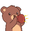 A brown bear holding a red megaphone and shouting to make an announcement.
