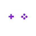 Game controller icon with a purple d-pad and buttons on a white background.