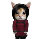 A cat with a dark bob haircut wearing a red tactical outfit looks directly at the viewer with a serious expression.