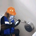 A monkey wearing an orange hard hat and blue work vest sits on a toilet while looking at a smartphone.