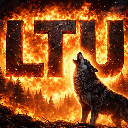 Wolf howling in front of a massive fire with the letters LTU visible in the flames.