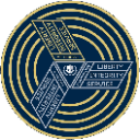 A circular emblem with a dark blue background and gold concentric rings, featuring a central triangular triskelion design wi…