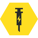 A black syringe icon with a yellow lightning bolt inside, centered on a yellow hexagon background.