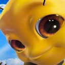 A close-up, wide-angle shot of a yellow bee staring intensely at the camera.