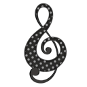 Treble clef symbol covered in white polka dots on a black background.