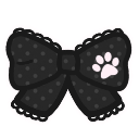 A black bow with white polka dots and a white paw print icon on the right side.