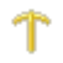 A golden pickaxe rendered in a simple pixel art style.