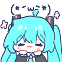 Hatsune Miku with blue hair and a blushing face smiling happily with sparkles surrounding her.