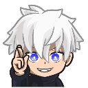 Satoru Gojo in chibi style pointing his finger with a smug expression and glowing blue eyes.