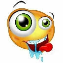A yellow 3D smiley face with bulging green eyes and drool hanging from its mouth with its tongue sticking out.