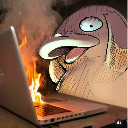 A cartoon duck with a blank expression stares at a laptop that is engulfed in flames.
