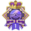 A purple shield badge topped with a gold crown and featuring a central sphere and a ribbon with the number one.