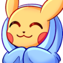Pikachu with a happy expression wrapped snugly in a light blue blanket.