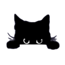 A black cat silhouette with visible eyes peeking out from a dark background.