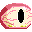 A pixelated human eyeball with a vertical pupil and pinkish sclera staring directly forward.