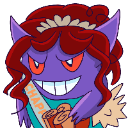 A purple monster with red hair wearing a tiara and a sash, smiling with a smug expression.