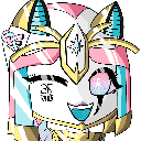 A pixel art character with pink and blue hair and a golden crown, wearing a smug, wide-eyed grin.