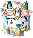 A stylized anime character with pink and blue hair winking and smiling with a golden headpiece.