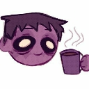 A tired purple character with dark circles under their eyes holding a steaming coffee mug.