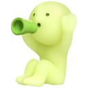 A small green Smiski figure sitting down and blowing into a green trumpet to celebrate.