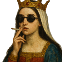 A queen wearing a golden crown and dark sunglasses holds a lit cigarette to her lips with a smug expression.