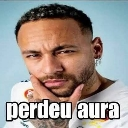 Neymar resting his chin on his hand with a skeptical expression and the text perdeu aura below him.