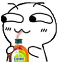 A simple white line-art character with wide, side-glancing eyes drinking from an orange bottle with a straw.