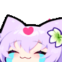 Cat girl with purple hair and a flower in her hair crying tears of joy surrounded by floating pink hearts.